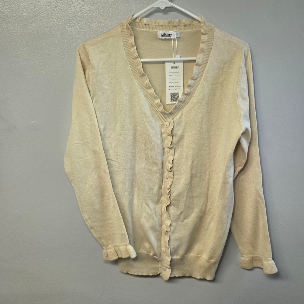 Missky Cardigan Ruffle Cream Womens Medium Button Front V-Neck NWT